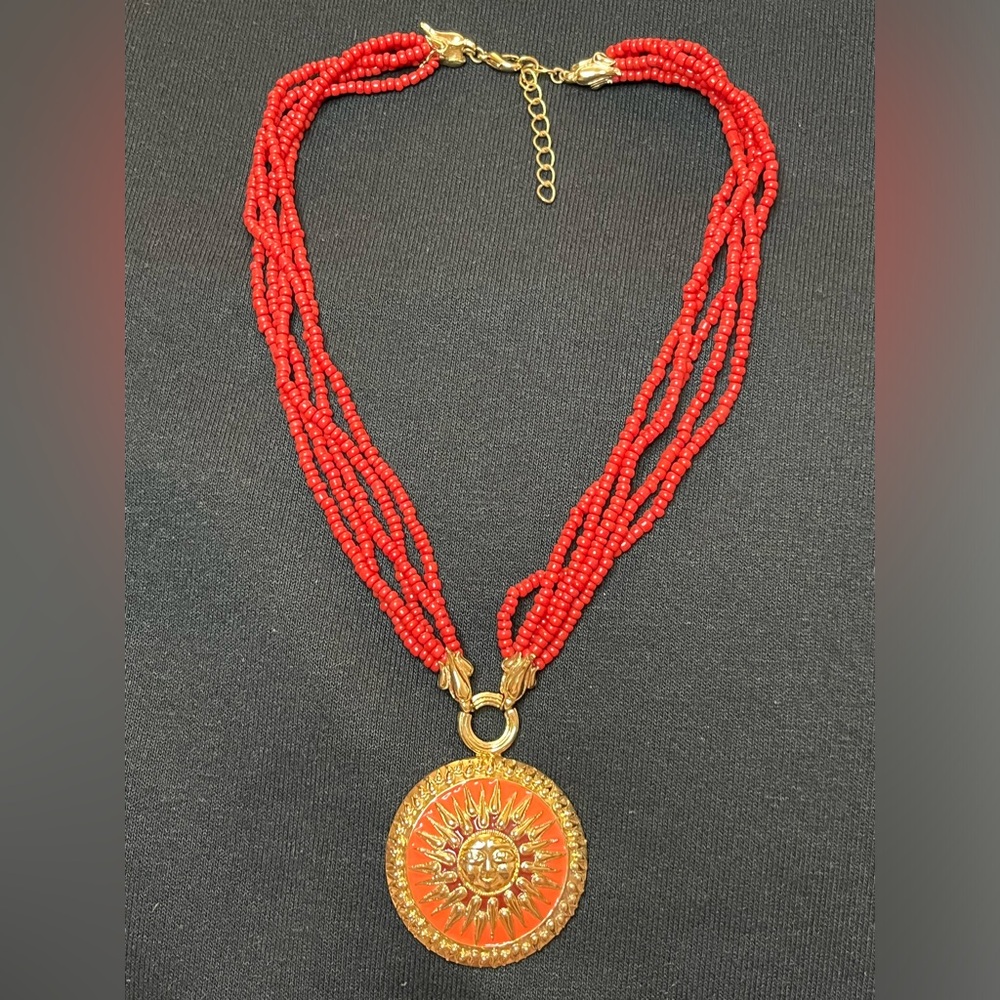 Vintage Bob Mackie Orange & Gold Sun Pendant Red Beaded Necklace